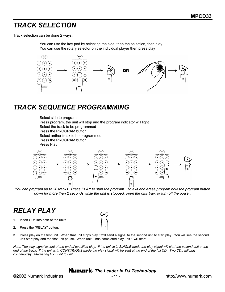 Track selection, Track sequence programming, Relay play | Mpcd33 | Numark Industries MPCD33 User Manual | Page 11 / 16