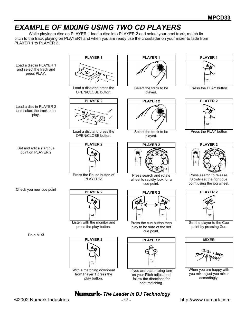 Example of mixing using two cd players, Mpcd33 | Numark Industries MPCD33 User Manual | Page 13 / 16