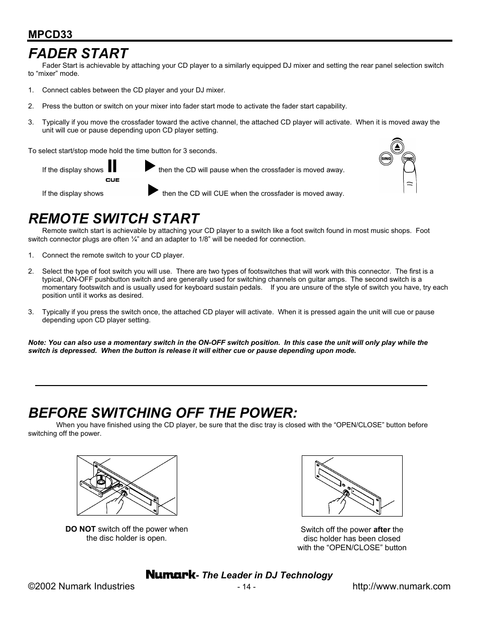 Fader start, Remote switch start, Before switching off the power | Mpcd33 | Numark Industries MPCD33 User Manual | Page 14 / 16
