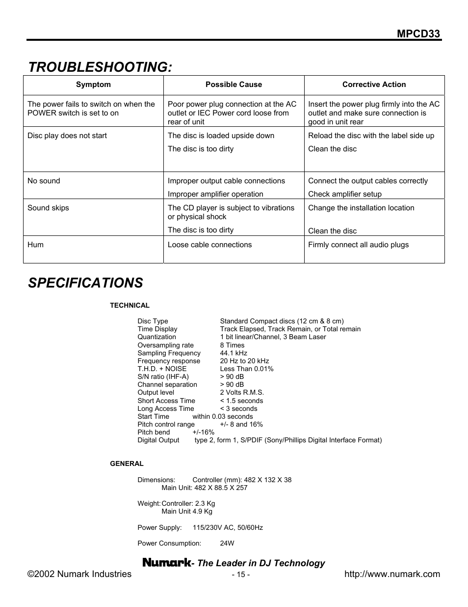 Specifications, Troubleshooting, Mpcd33 | Numark Industries MPCD33 User Manual | Page 15 / 16