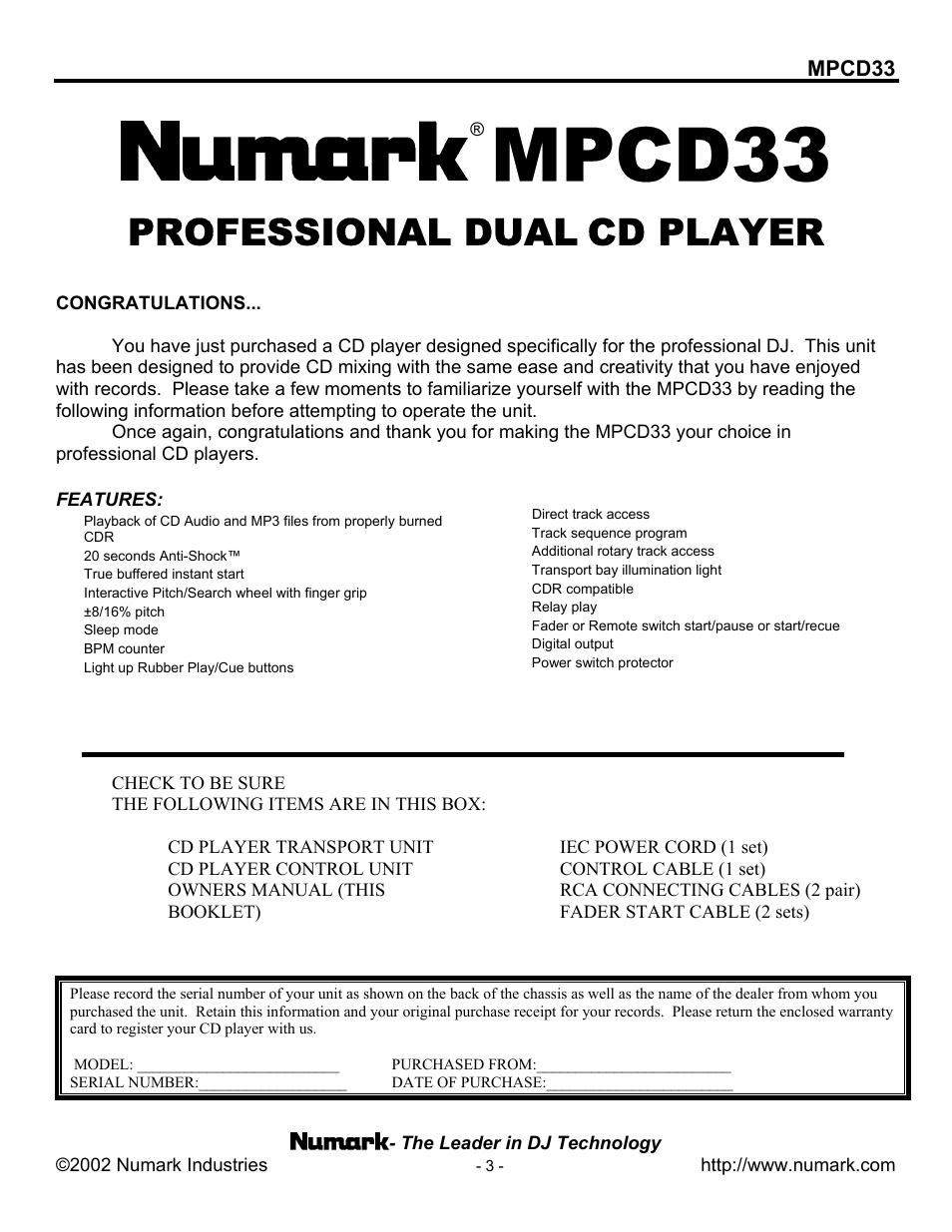 Professional dual cd player, Professional dual, Cd player | Mpcd33 | Numark Industries MPCD33 User Manual | Page 3 / 16