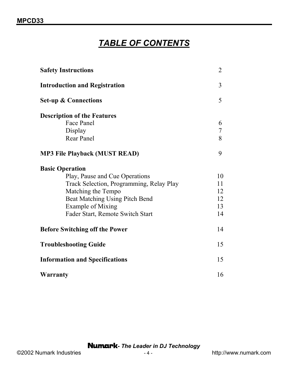 Numark Industries MPCD33 User Manual | Page 4 / 16