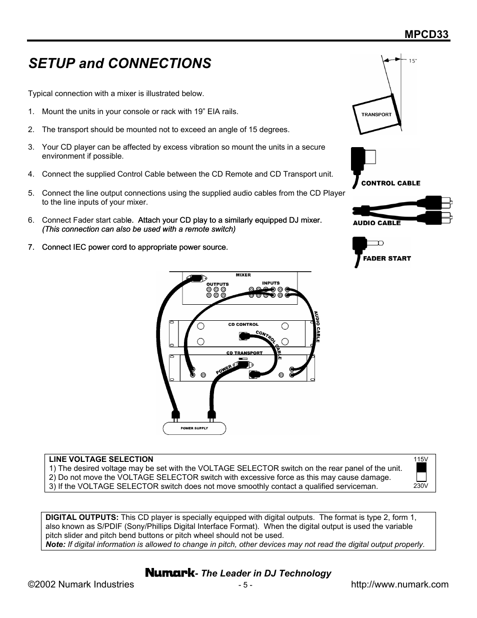 Line voltage selection, Setup and connections, Mpcd33 | Numark Industries MPCD33 User Manual | Page 5 / 16