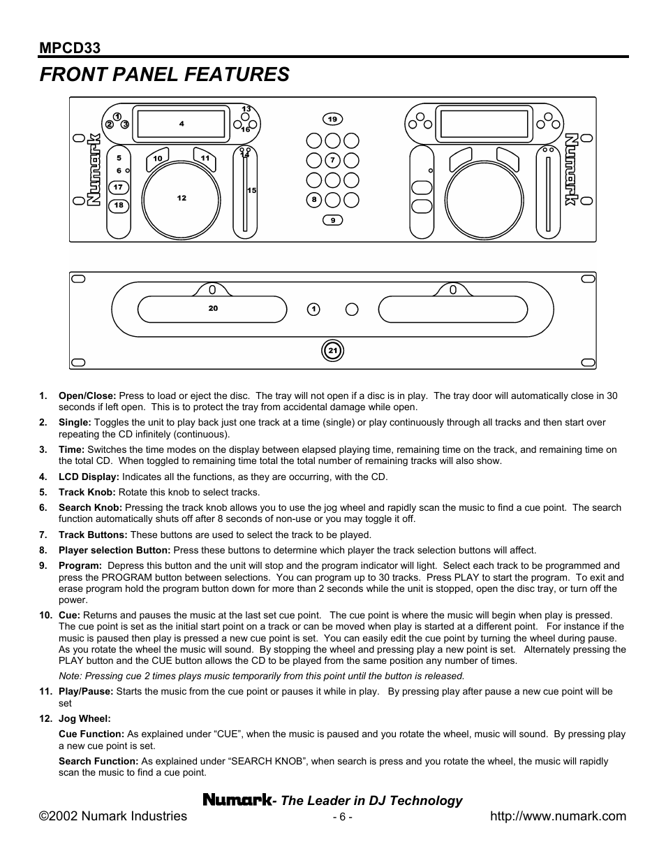 Front panel features, Mpcd33 | Numark Industries MPCD33 User Manual | Page 6 / 16