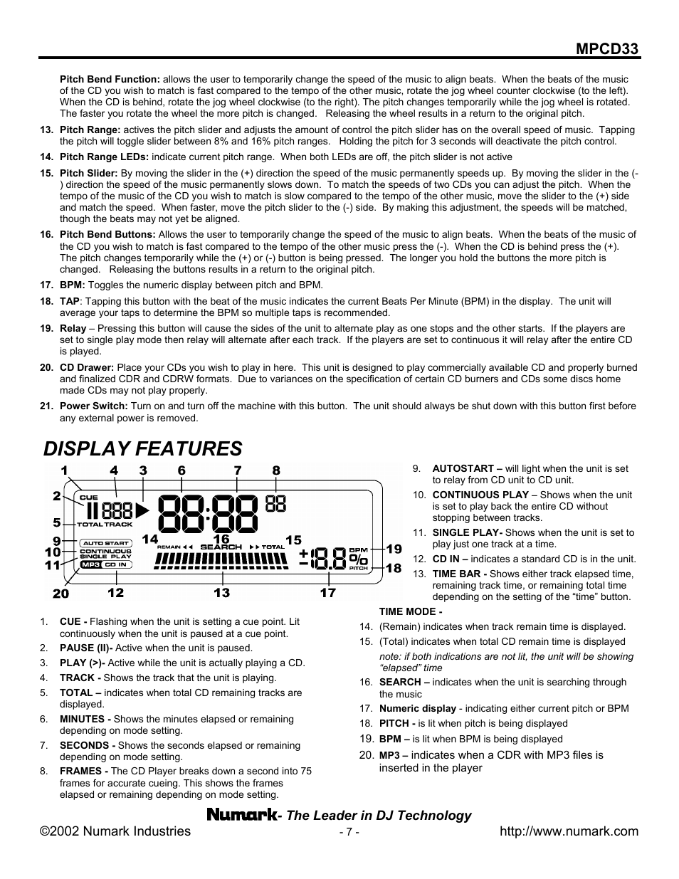 Display features, Mpcd33 | Numark Industries MPCD33 User Manual | Page 7 / 16