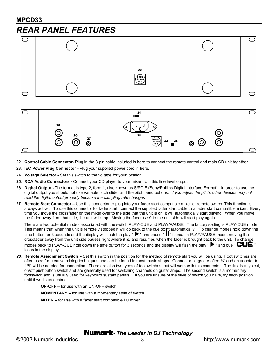 Rear panel features, Mpcd33 | Numark Industries MPCD33 User Manual | Page 8 / 16