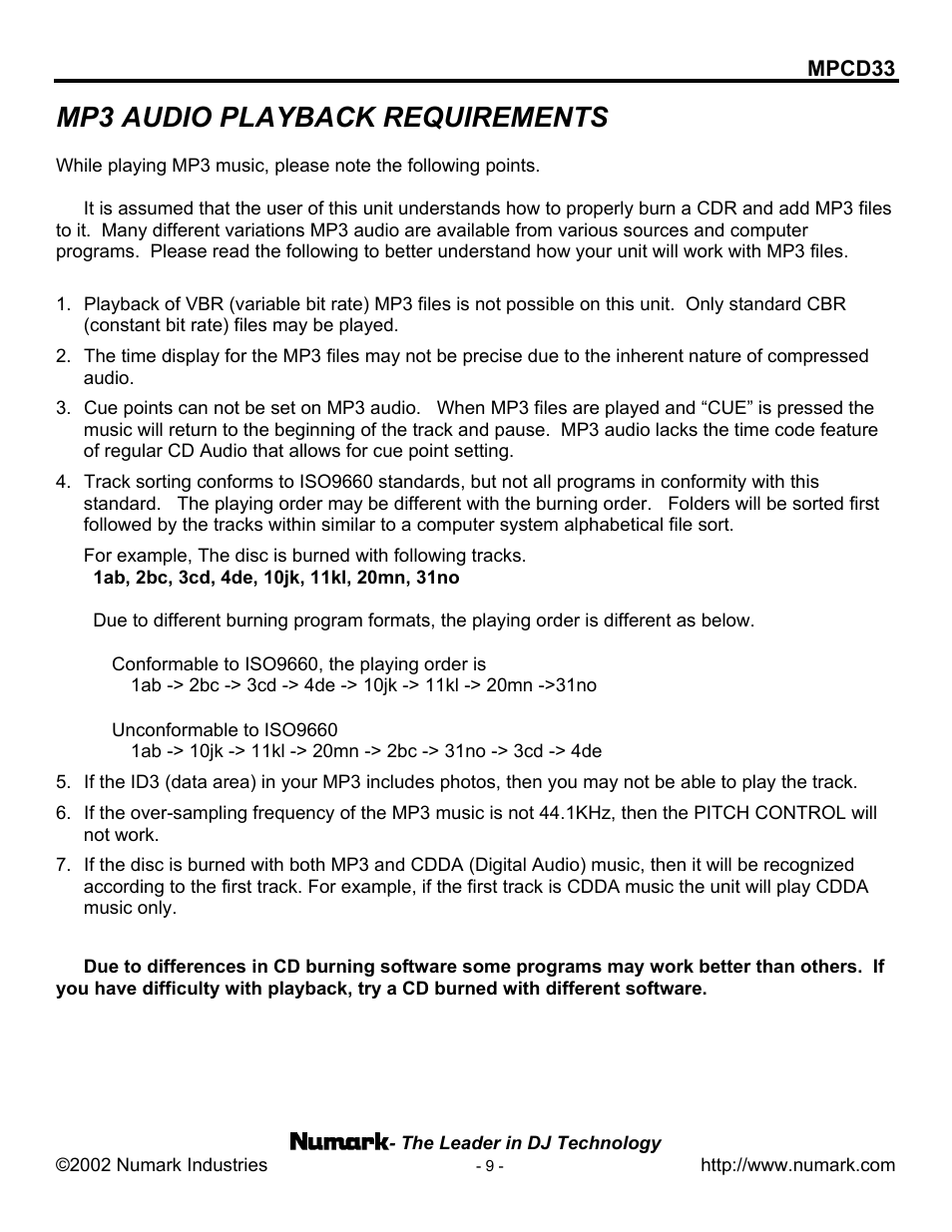 Mp3 audio playback requirements | Numark Industries MPCD33 User Manual | Page 9 / 16