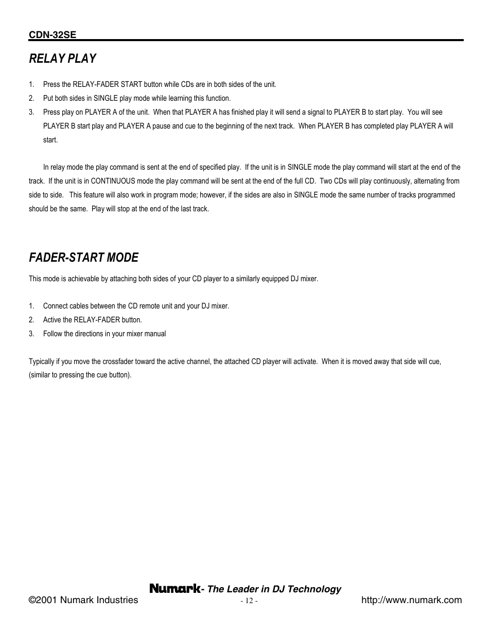 Fader-start mode, Relay play | Numark Industries CDN-32SE User Manual | Page 12 / 20