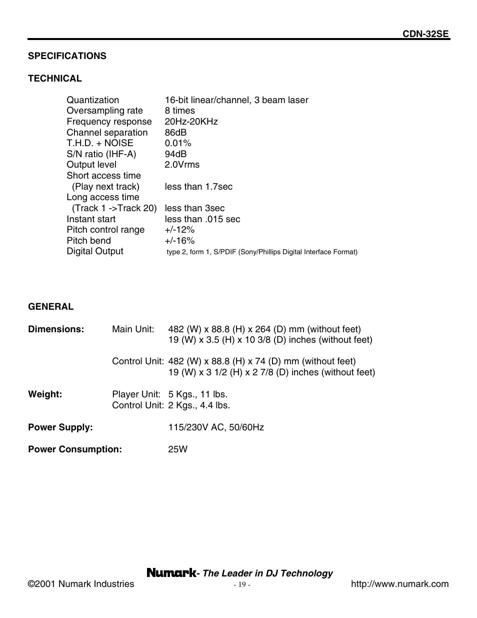 Numark Industries CDN-32SE User Manual | Page 19 / 20