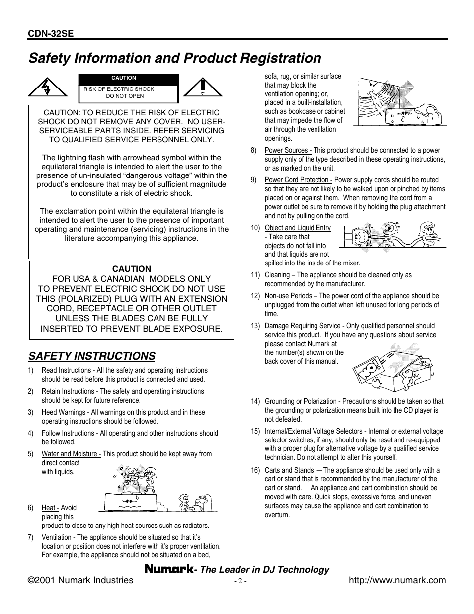 Safety information and product registration, Safety instructions | Numark Industries CDN-32SE User Manual | Page 2 / 20