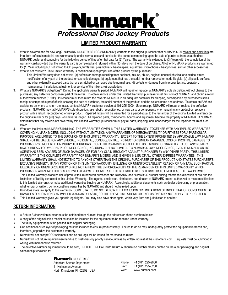 Professional disc jockey products, Limited product warranty | Numark Industries CDN-32SE User Manual | Page 20 / 20
