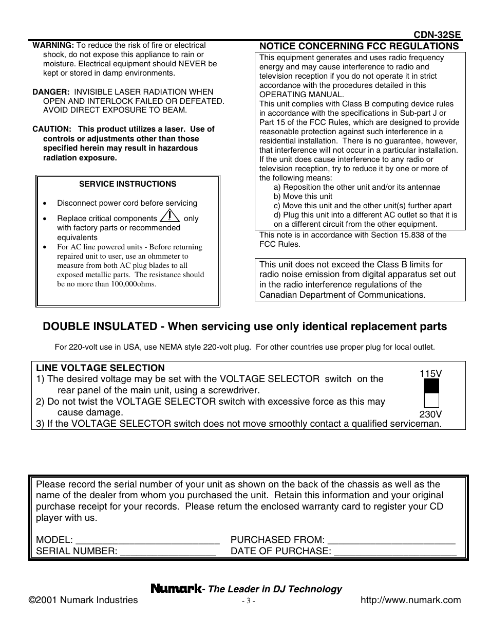 Line voltage selection | Numark Industries CDN-32SE User Manual | Page 3 / 20