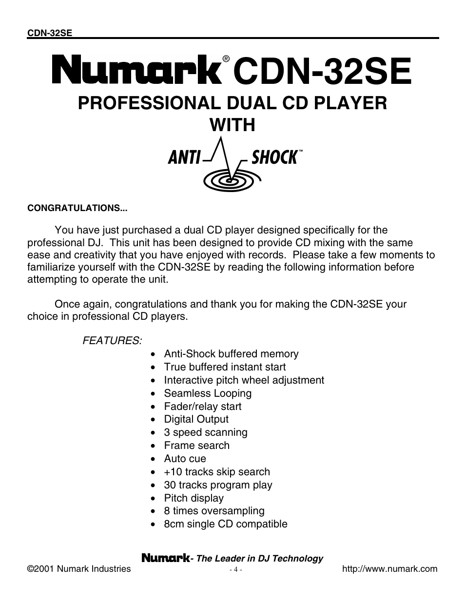 With, Cdn-32se, Professional dual cd player with | Numark Industries CDN-32SE User Manual | Page 4 / 20
