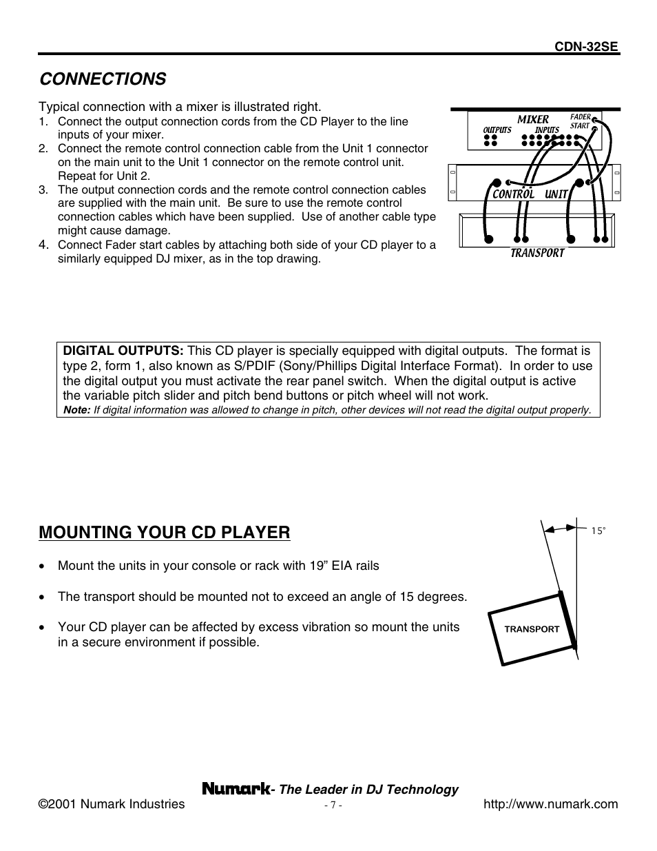 Connections, Mounting your cd player | Numark Industries CDN-32SE User Manual | Page 7 / 20