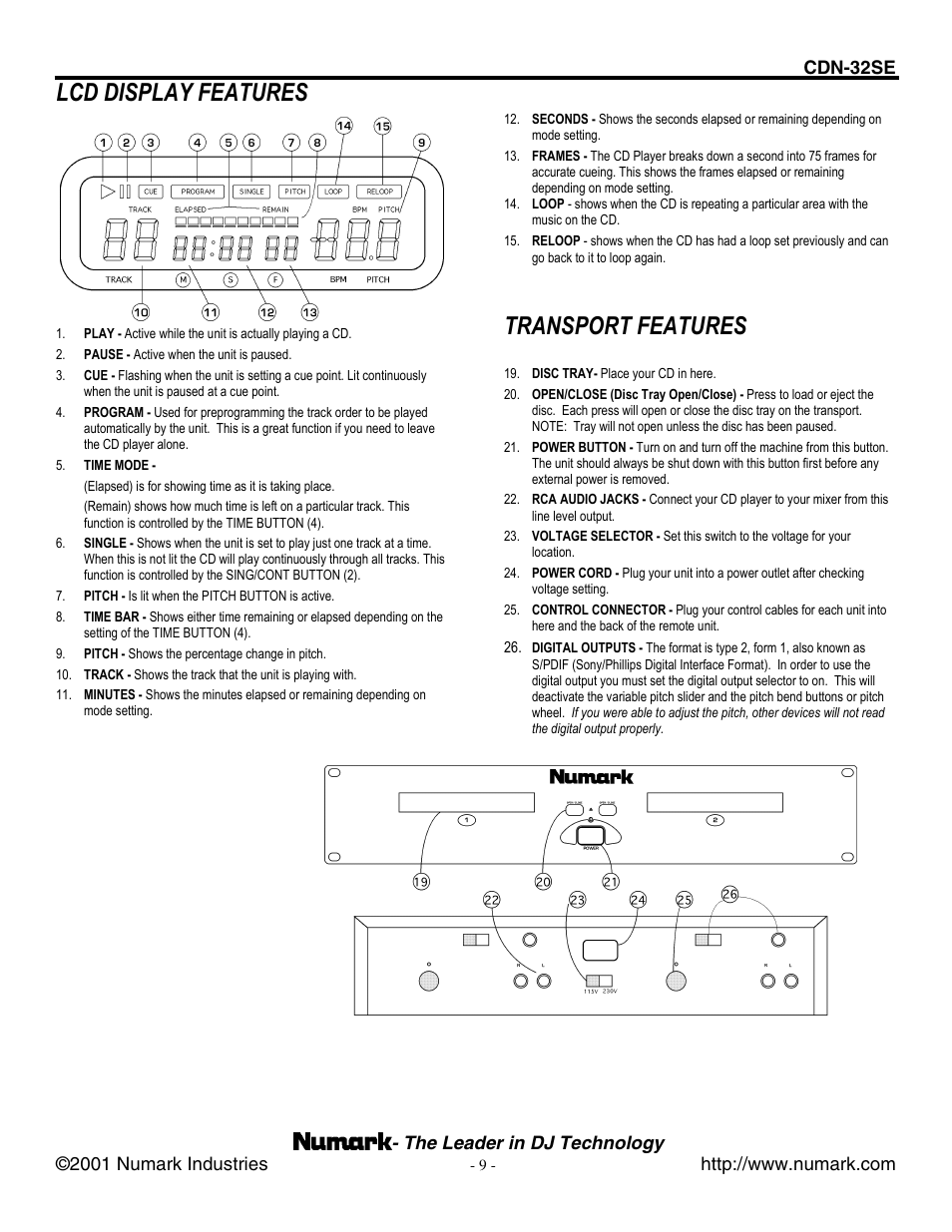 Lcd display features, Transport features | Numark Industries CDN-32SE User Manual | Page 9 / 20