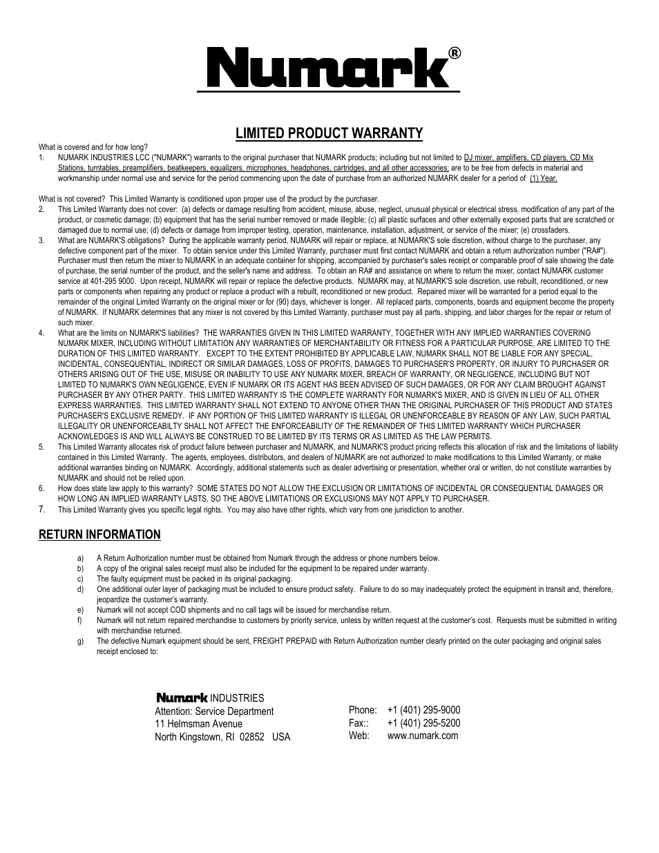 Professional disc jockey products, Limited product warranty, Return information | Numark Industries DM3001X User Manual | Page 12 / 12