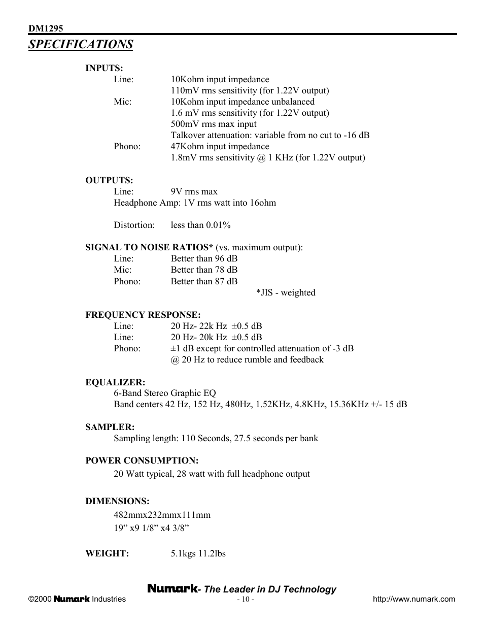 Specifications | Numark Industries DM1295 User Manual | Page 10 / 12