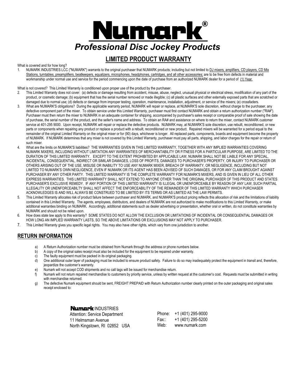 Limited product warranty, Professional disc jockey products, Return information | Numark Industries DM1295 User Manual | Page 12 / 12