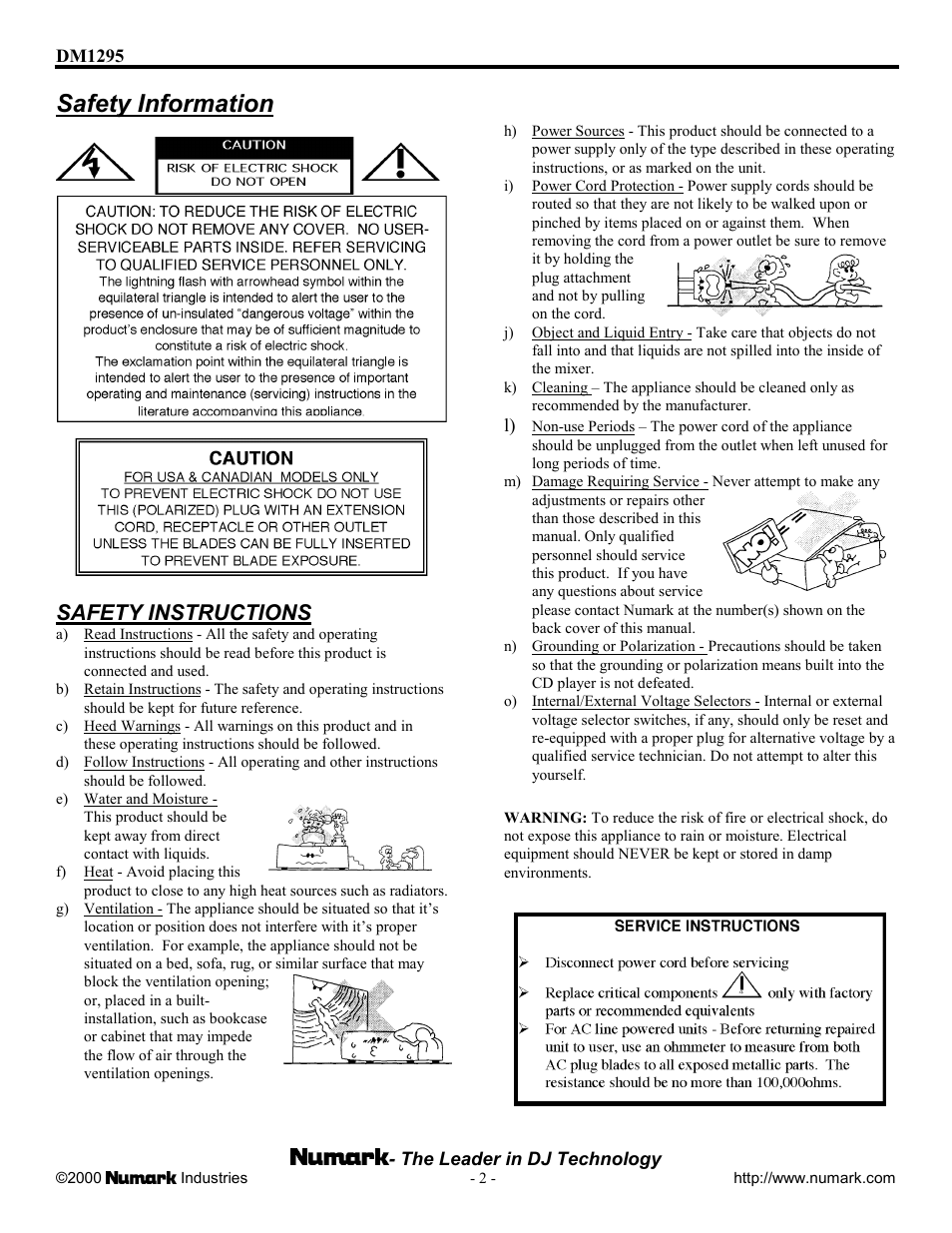 Safety information, Safety instructions | Numark Industries DM1295 User Manual | Page 2 / 12