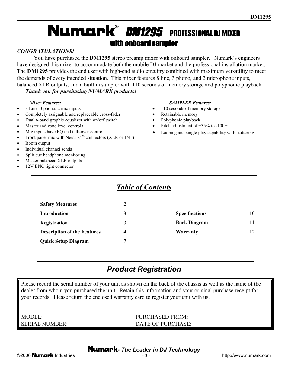 Numark Industries DM1295 User Manual | Page 3 / 12