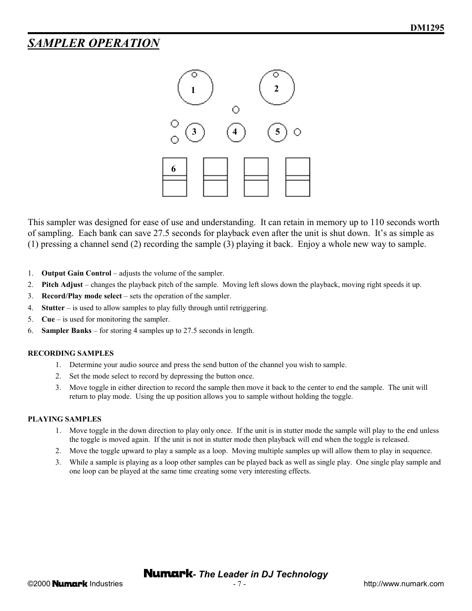 Sampler operation | Numark Industries DM1295 User Manual | Page 7 / 12