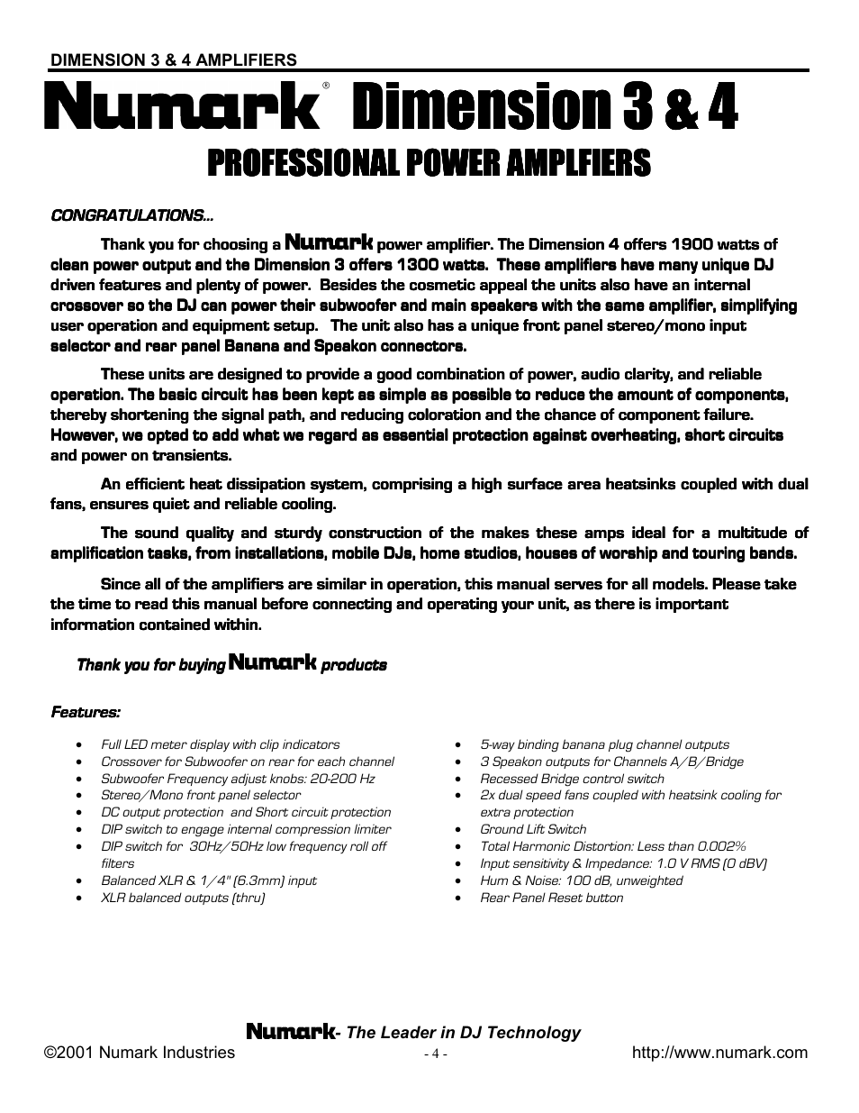 Dimension 3 & 4, Professional power amplfiers | Numark Industries 3 User Manual | Page 4 / 8