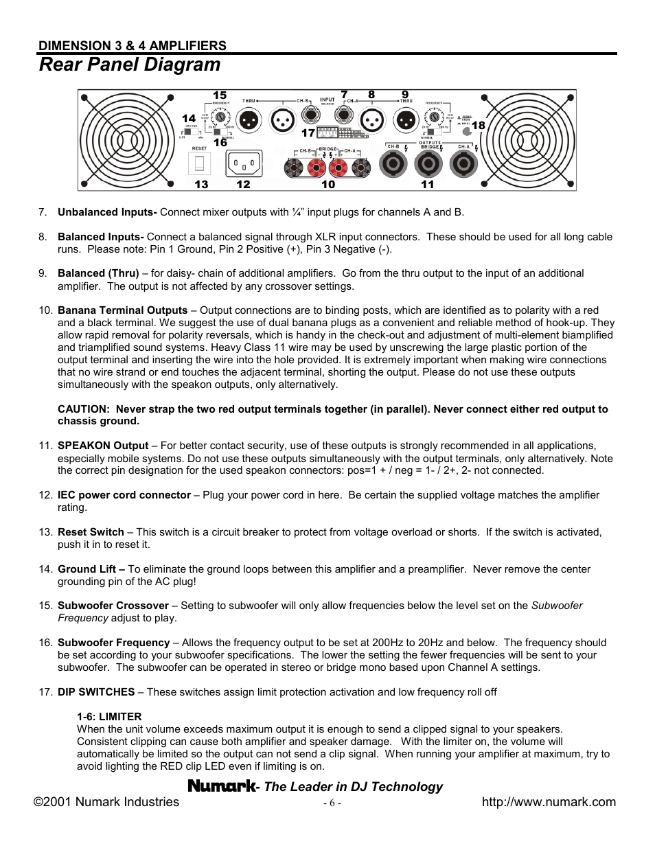 Rear panel diagram | Numark Industries 3 User Manual | Page 6 / 8