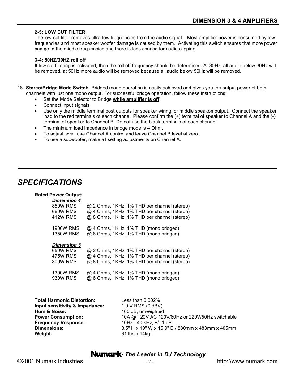 Dimension 4, Dimension 3, Specifications | Numark Industries 3 User Manual | Page 7 / 8