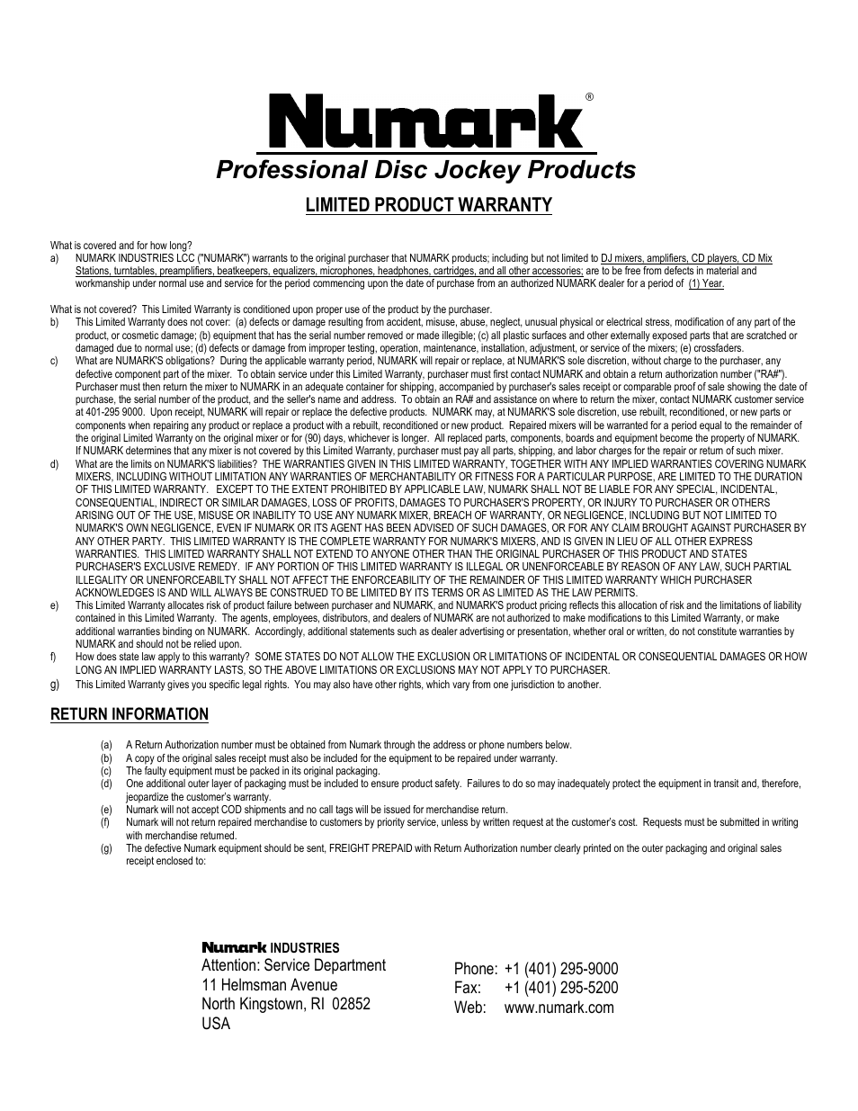 Professional disc jockey products, Limited product warranty, Return information | Numark Industries 3 User Manual | Page 8 / 8