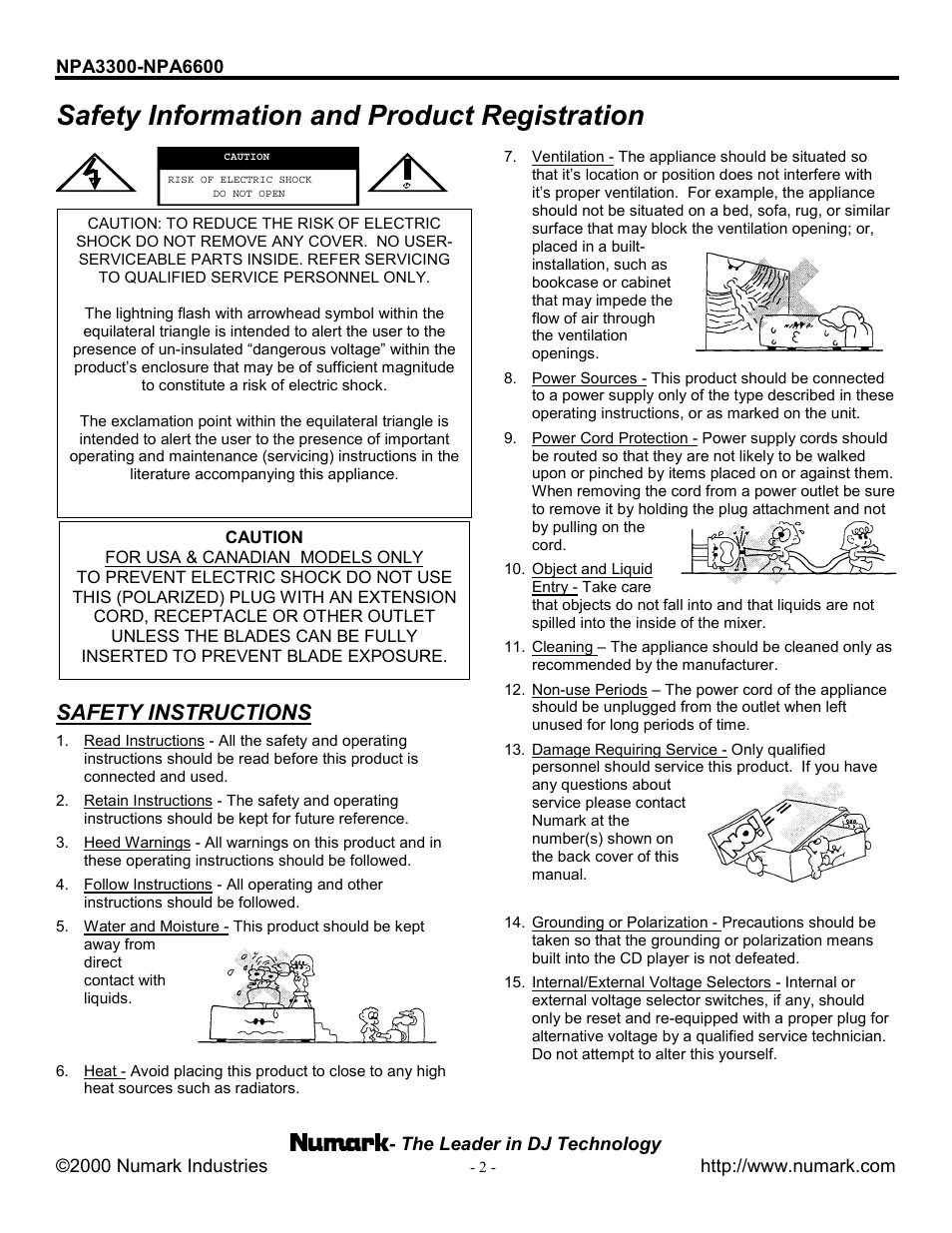 Safety information and product registration, Safety instructions | Numark Industries NPA3300/NPA6600 User Manual | Page 2 / 8