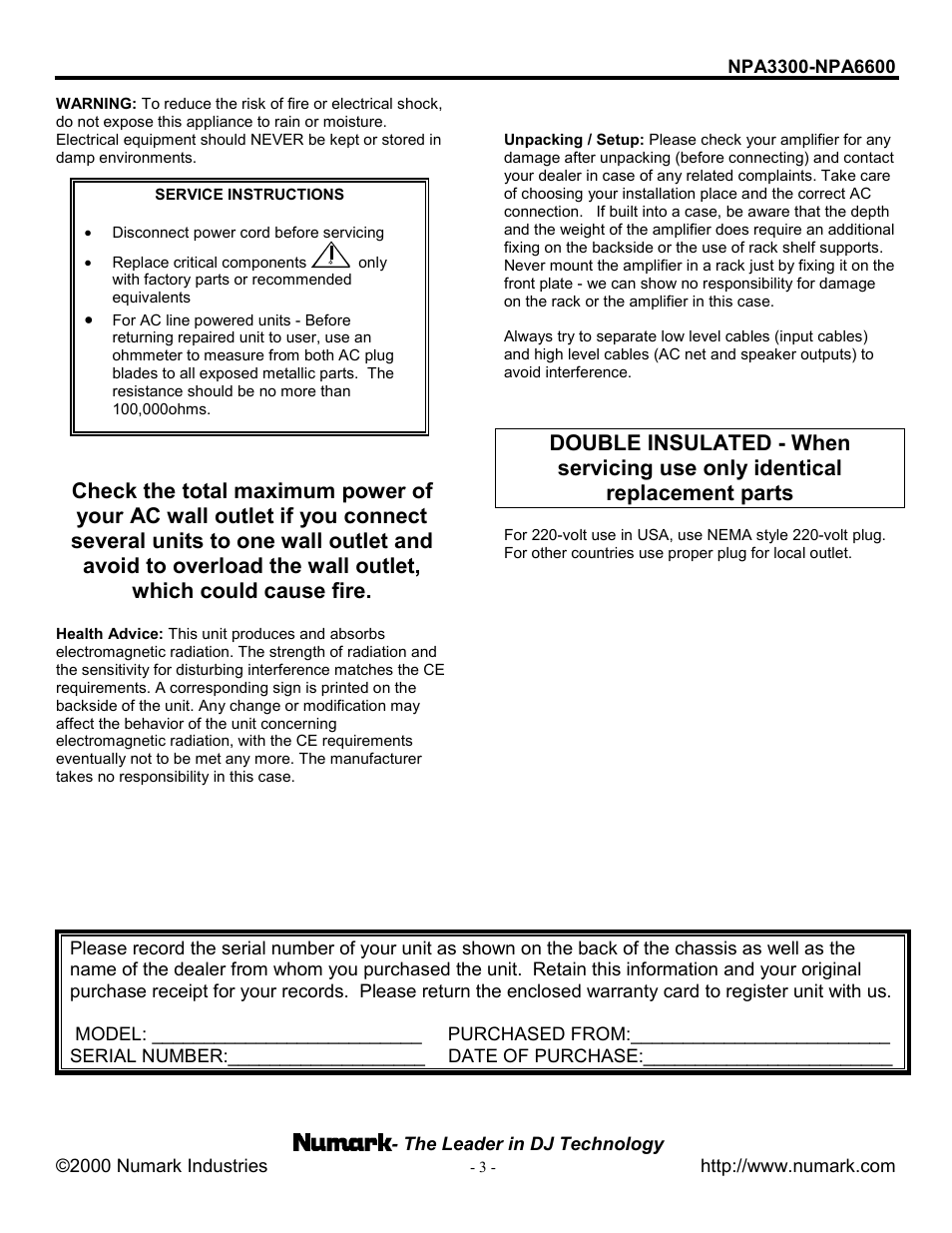 Numark Industries NPA3300/NPA6600 User Manual | Page 3 / 8