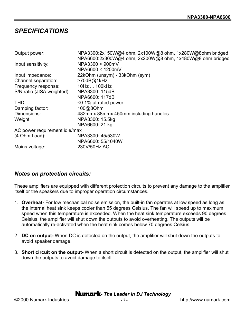 Specifications | Numark Industries NPA3300/NPA6600 User Manual | Page 7 / 8