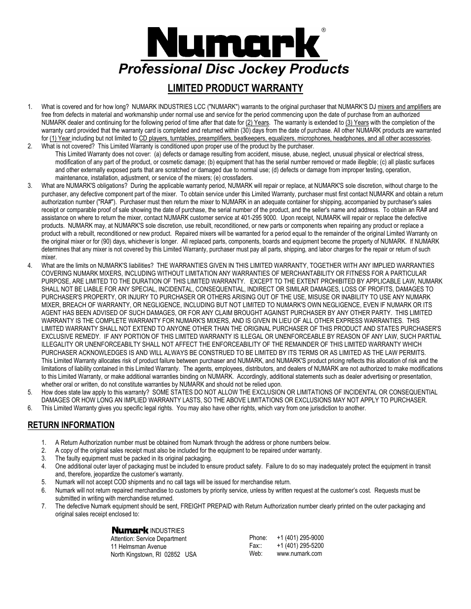 Professional disc jockey products, Limited product warranty | Numark Industries NPA3300/NPA6600 User Manual | Page 8 / 8