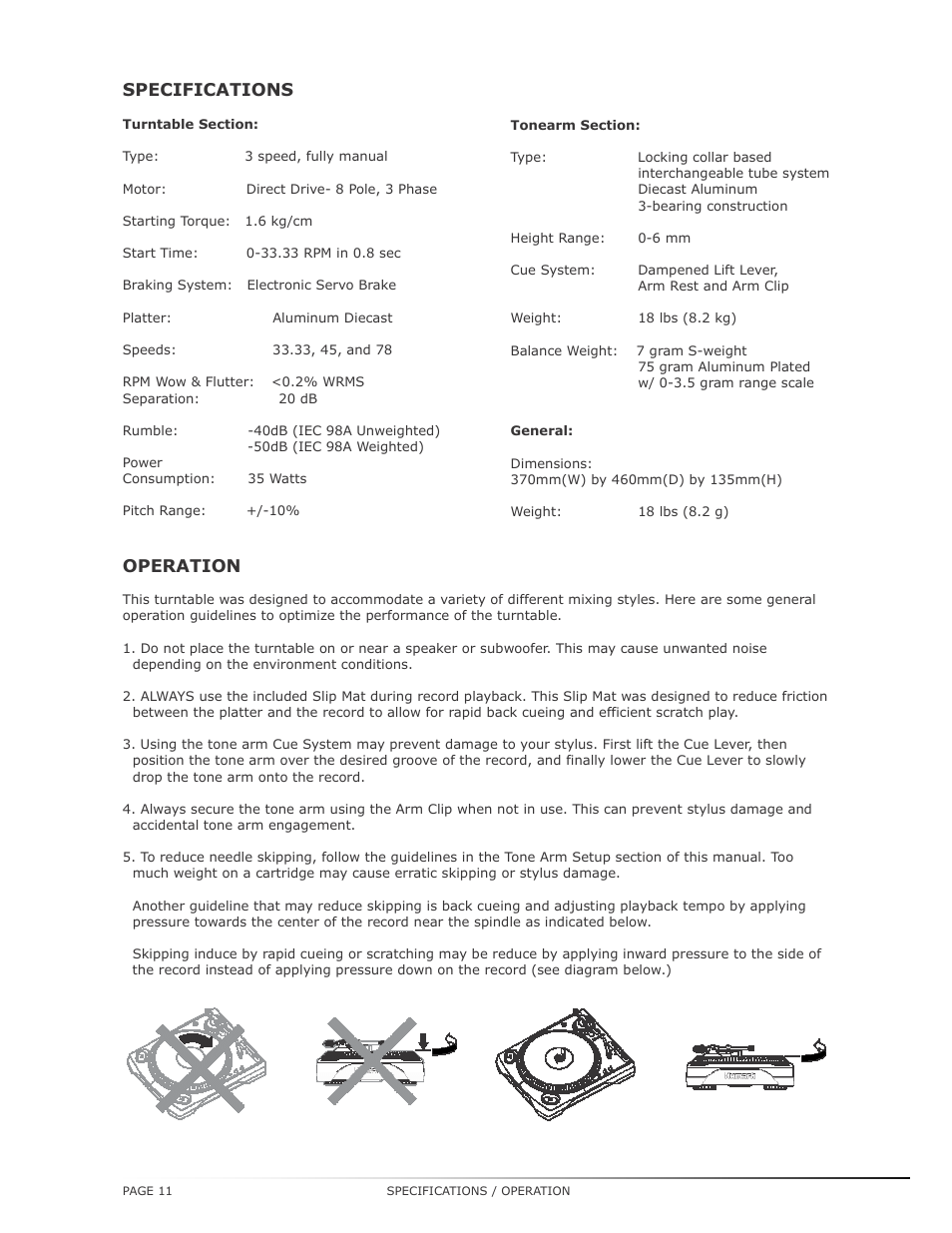 Specifications, Operation | Numark Industries TT200 User Manual | Page 11 / 13