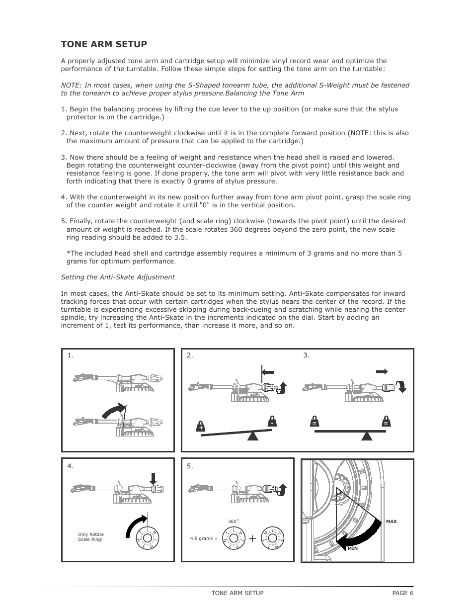Tone arm setup | Numark Industries TT200 User Manual | Page 6 / 13