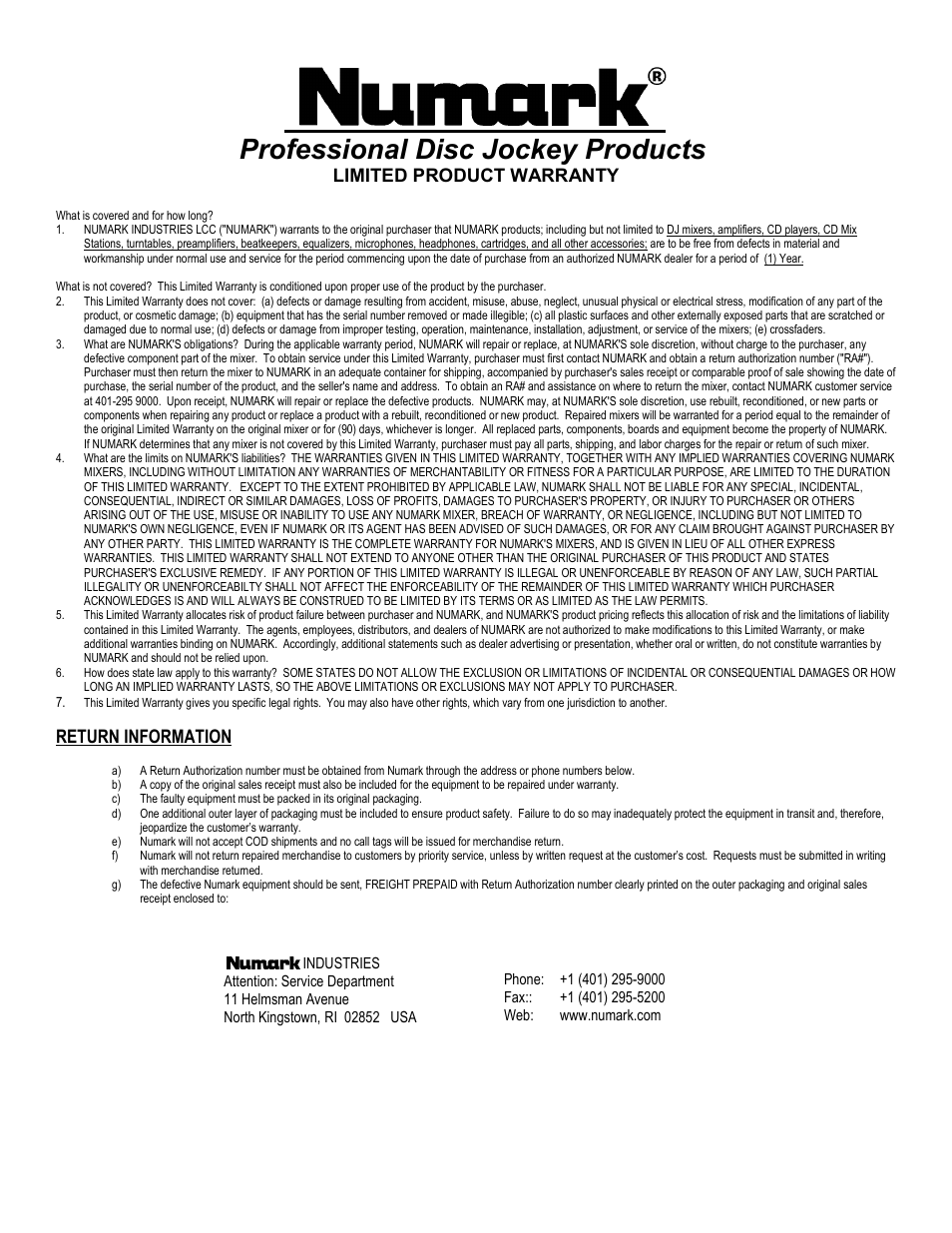 Limited product warranty, Professional disc jockey products, Return information | Numark Industries CDN-88 User Manual | Page 16 / 16