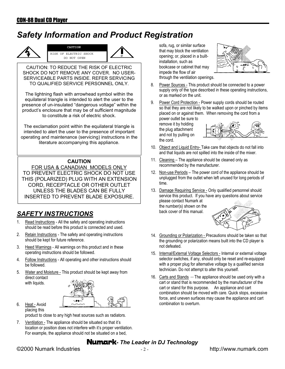 Safety information and product registration, Safety instructions | Numark Industries CDN-88 User Manual | Page 2 / 16