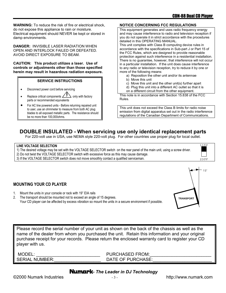 Line voltage selection | Numark Industries CDN-88 User Manual | Page 3 / 16