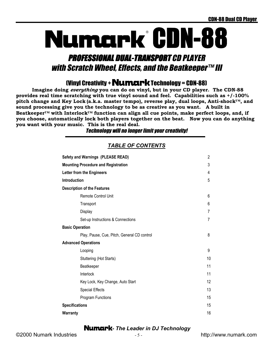 Cdn-88, Professional dual-transport | Numark Industries CDN-88 User Manual | Page 5 / 16