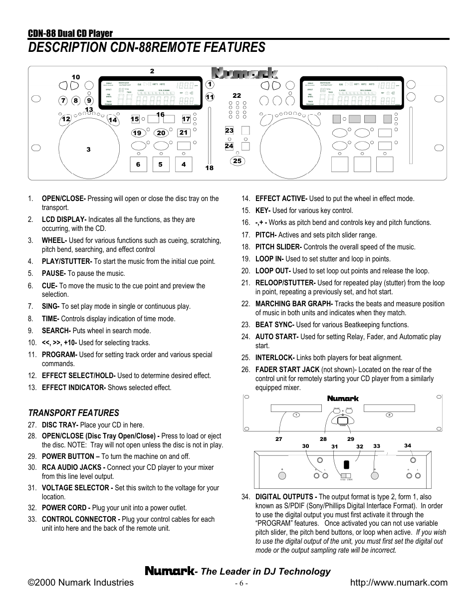 Description cdn-88remote features, Transport features | Numark Industries CDN-88 User Manual | Page 6 / 16
