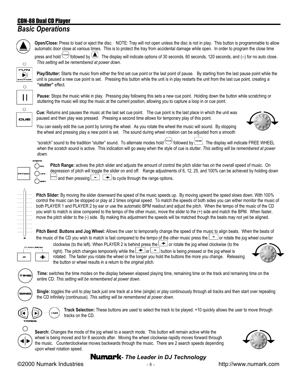 Basic operations | Numark Industries CDN-88 User Manual | Page 8 / 16