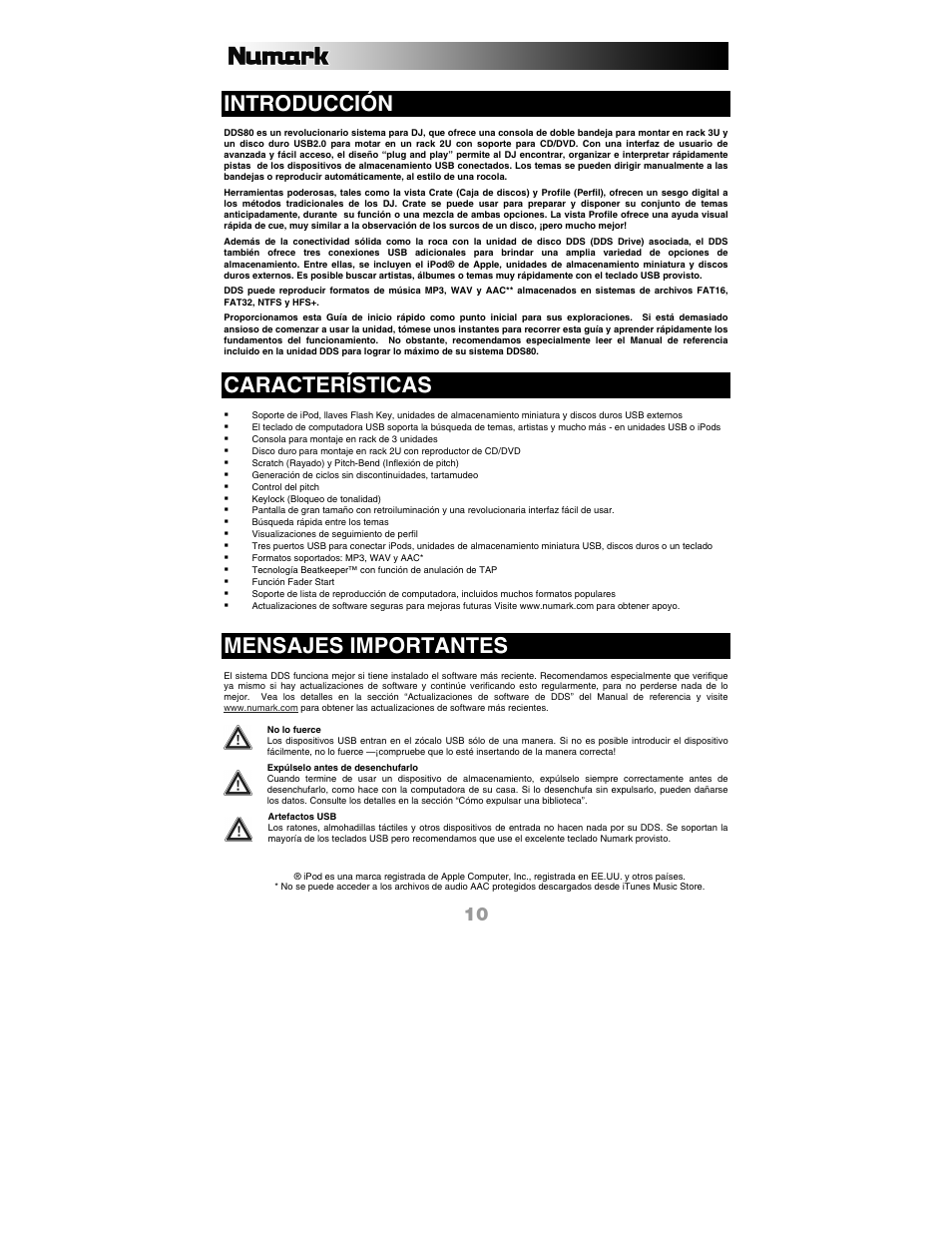 Spanish, Introducción, Características | Mensajes importantes | Numark Industries DDS80 User Manual | Page 10 / 40