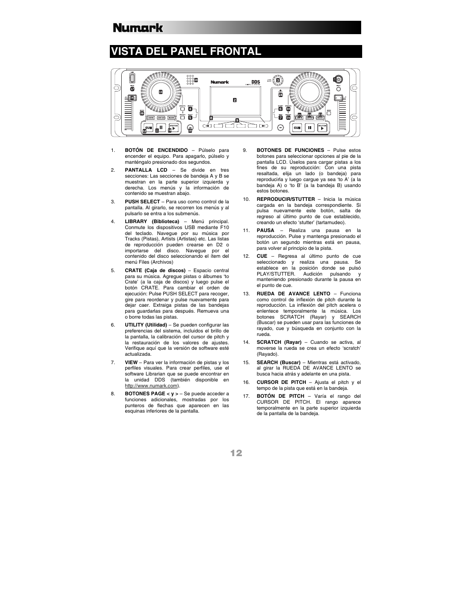 Vista del panel frontal | Numark Industries DDS80 User Manual | Page 12 / 40