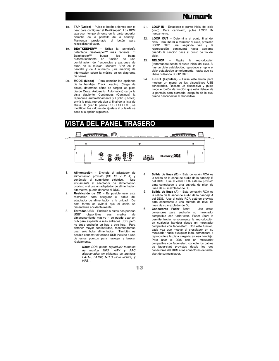 Vista del panel trasero | Numark Industries DDS80 User Manual | Page 13 / 40