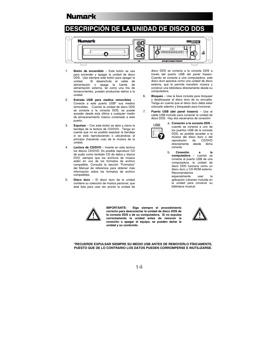 Descripción de la unidad de disco dds | Numark Industries DDS80 User Manual | Page 14 / 40