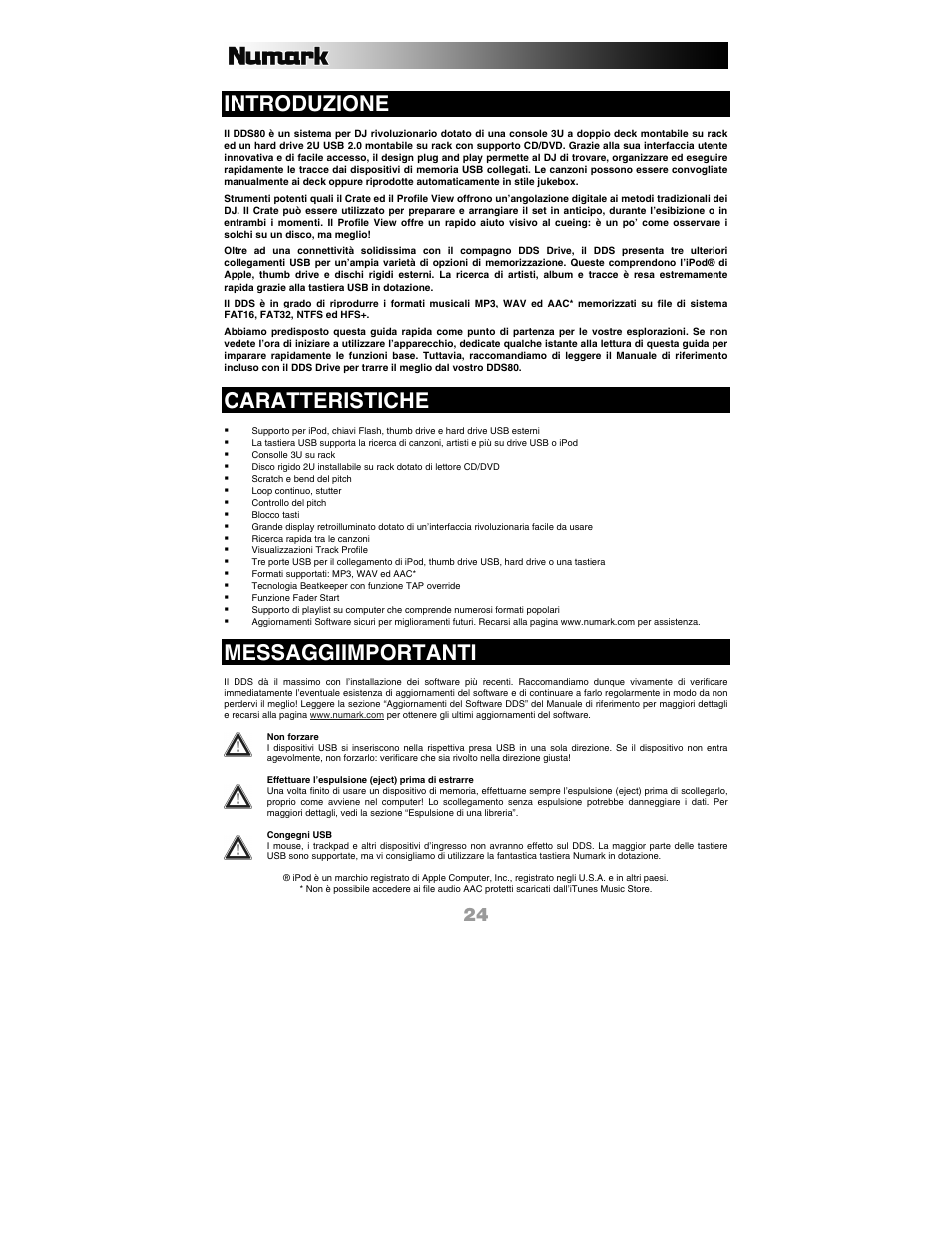 Italiano, Introduzione, Caratteristiche | Messaggiimportanti | Numark Industries DDS80 User Manual | Page 24 / 40