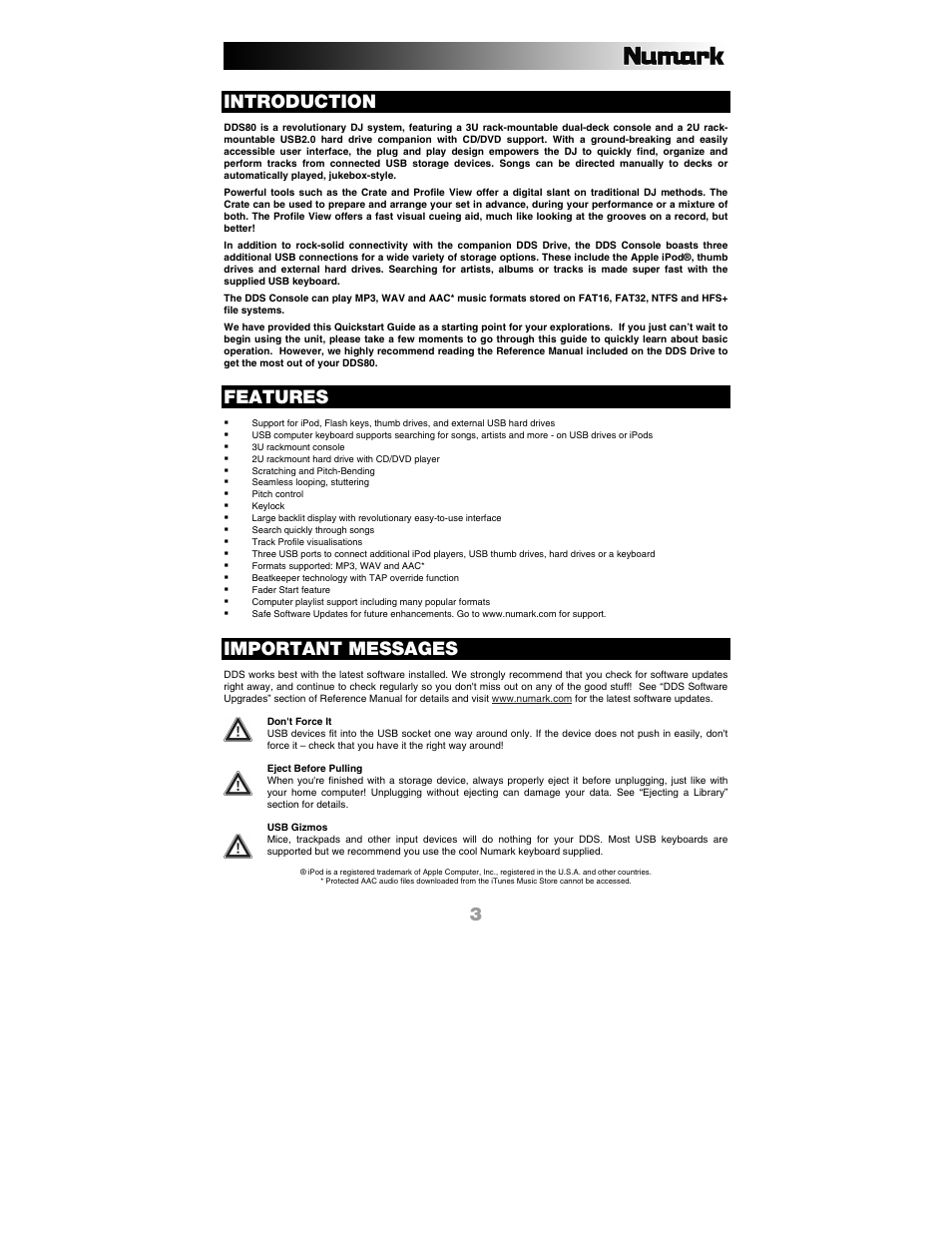 English, Introduction, Features | Important messages, 3introduction | Numark Industries DDS80 User Manual | Page 3 / 40