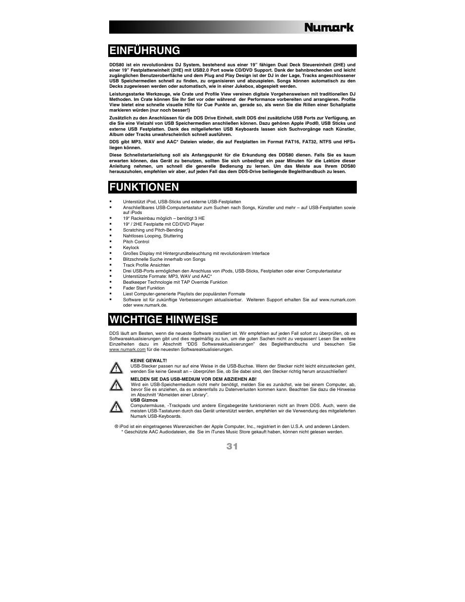 Deutsch, Einführung, Funktionen | Wichtige hinweise | Numark Industries DDS80 User Manual | Page 31 / 40