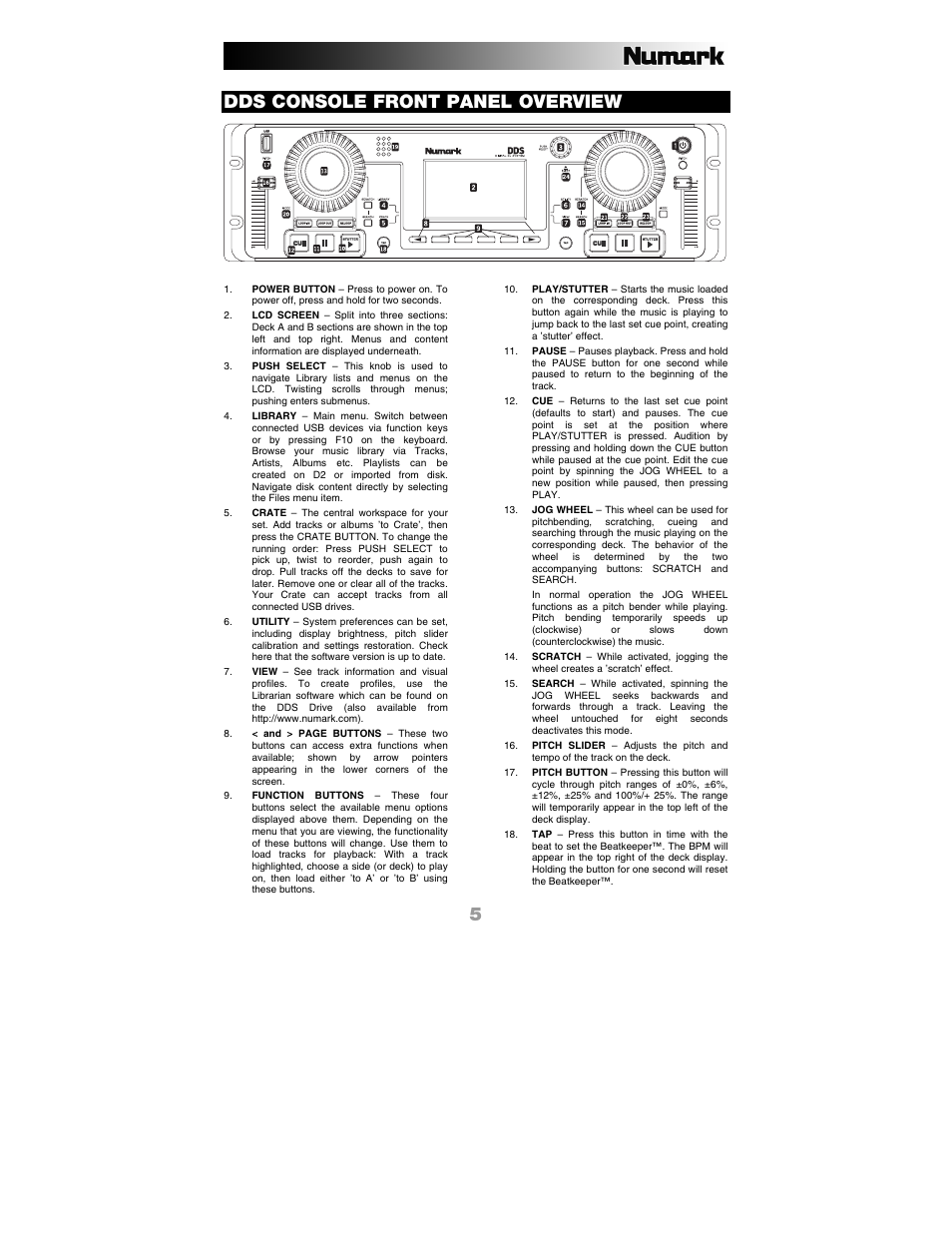 Dds console front panel overview | Numark Industries DDS80 User Manual | Page 5 / 40