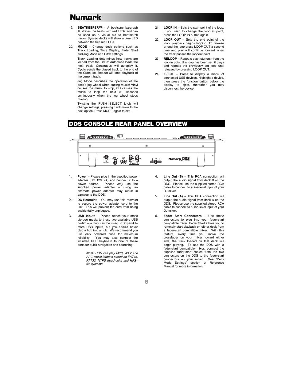 Dds console rear panel overview | Numark Industries DDS80 User Manual | Page 6 / 40